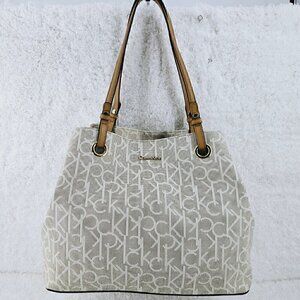Calvin Klein Large Tan Monogram Shoulder Bag Shopper Tote with Tan Trim